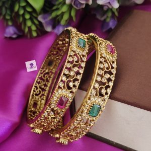 Green / Pink CZ Bangle Set For Brides